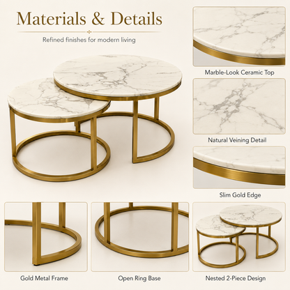 Aurelia coffee table set marble top, slim gold chrome edge and open ring base details