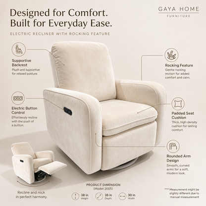 Luma electric rocking recliner chair feature guide showing padded support and rounded arms