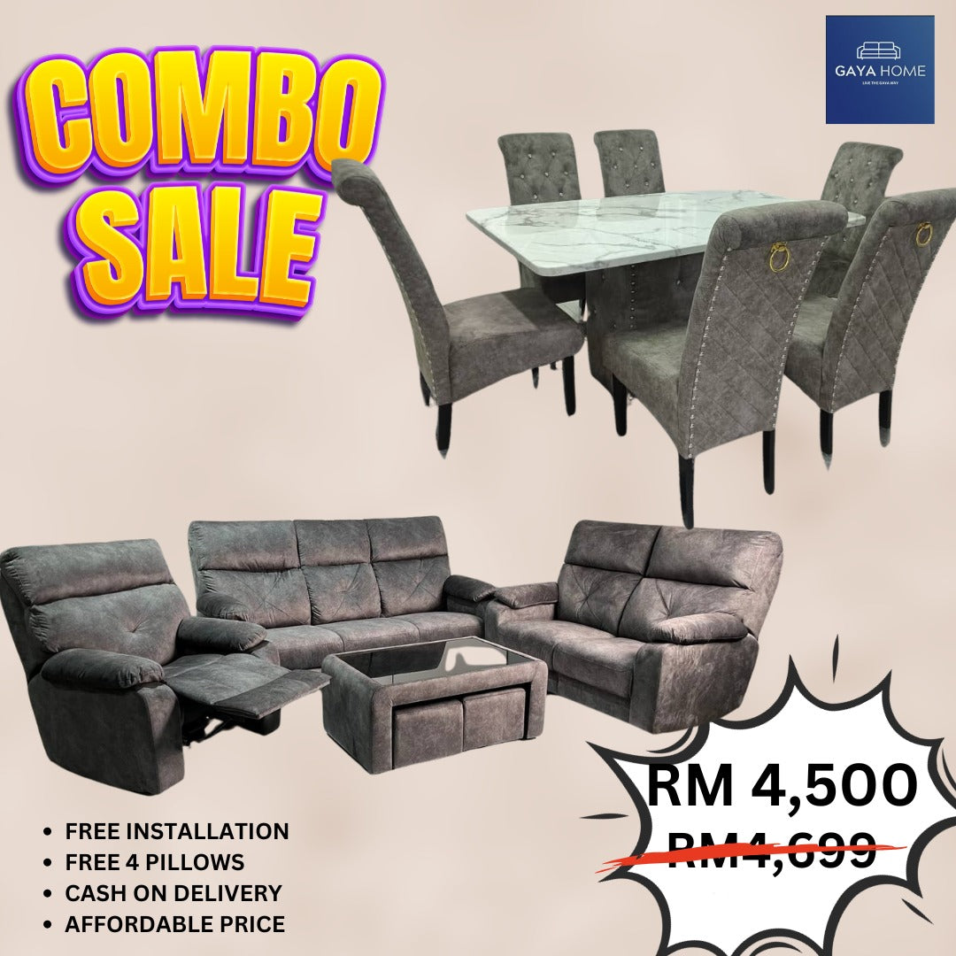 Combo 3 - Recliner Sofa & Classic Dining Set - Gaya Home