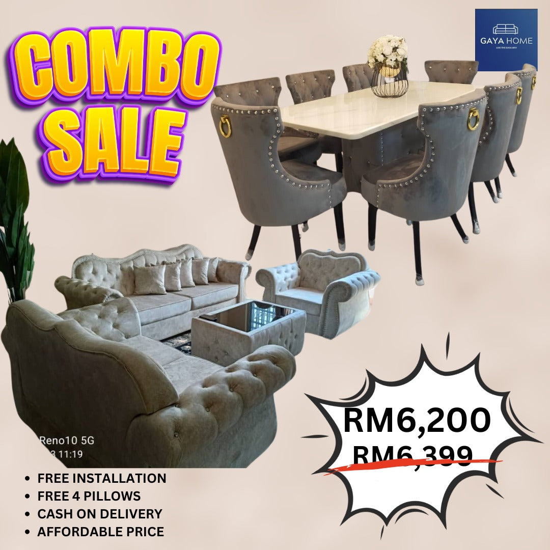 Combo 6 - Camelback Sofa & Butterfly Dining Set 8 Chair - Gaya Home