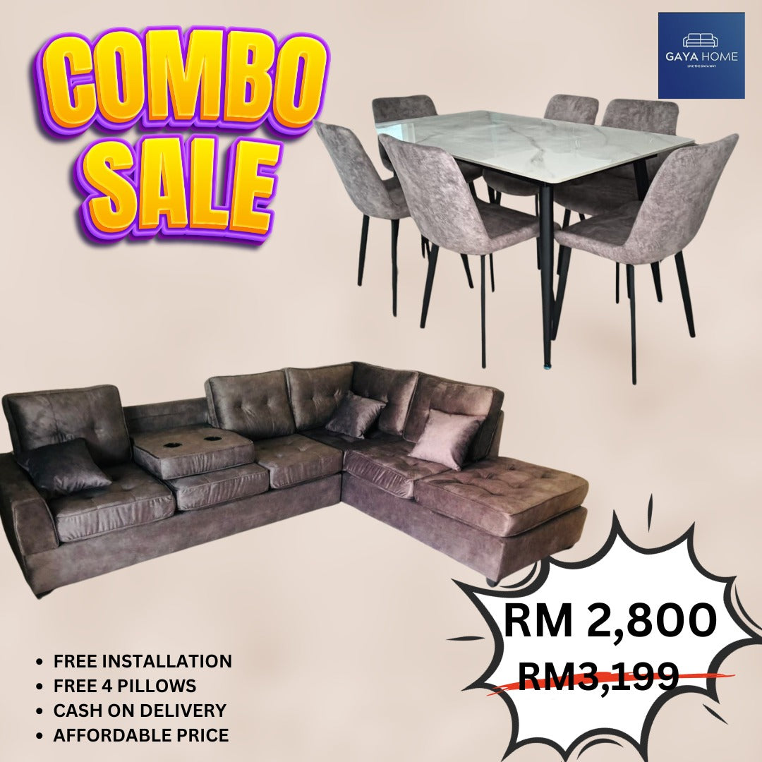 Combo 9 - Corner Sofa & Luxe Dining Set - Gaya Home