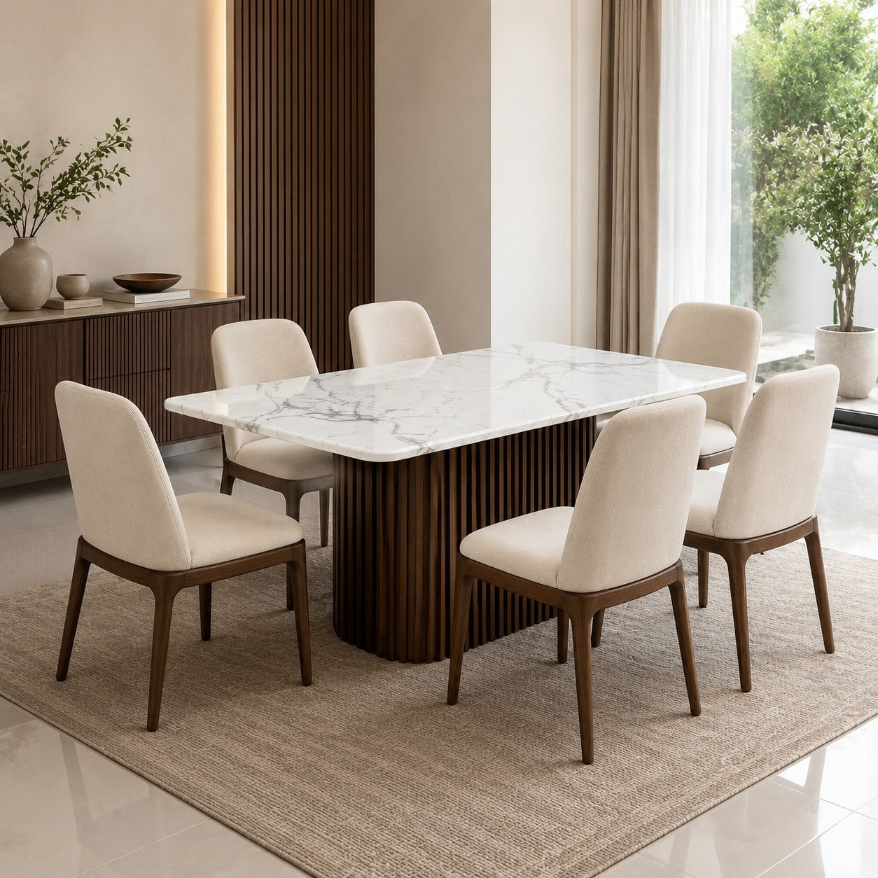 Arden Dining Set with upholstered chairs and a rectangular Poko marble dining table
