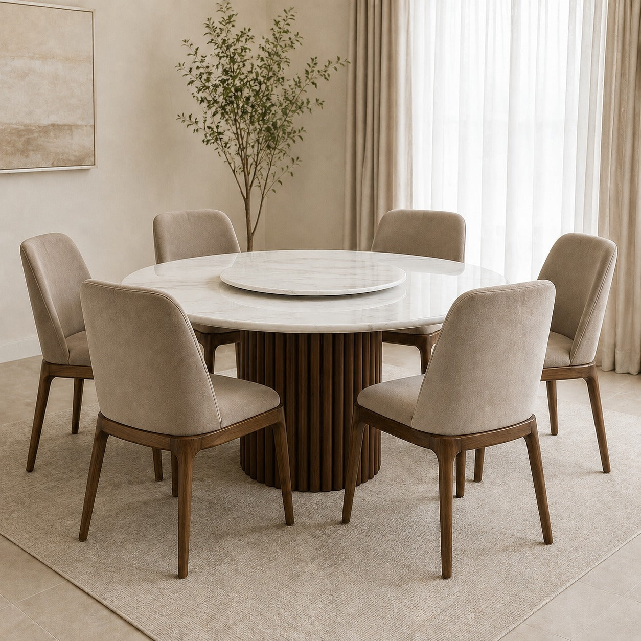 Arden Dining Set with six upholstered chairs and a round Siena marble dining table