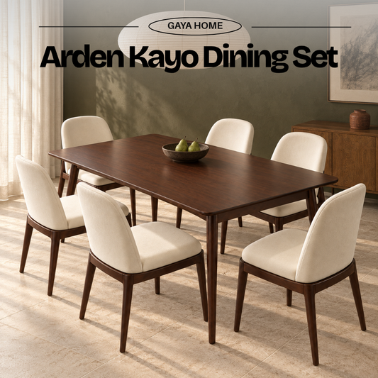 Arden Kayo Dining Set by Gaya Home with ivory chairs and a dark brown rectangular table