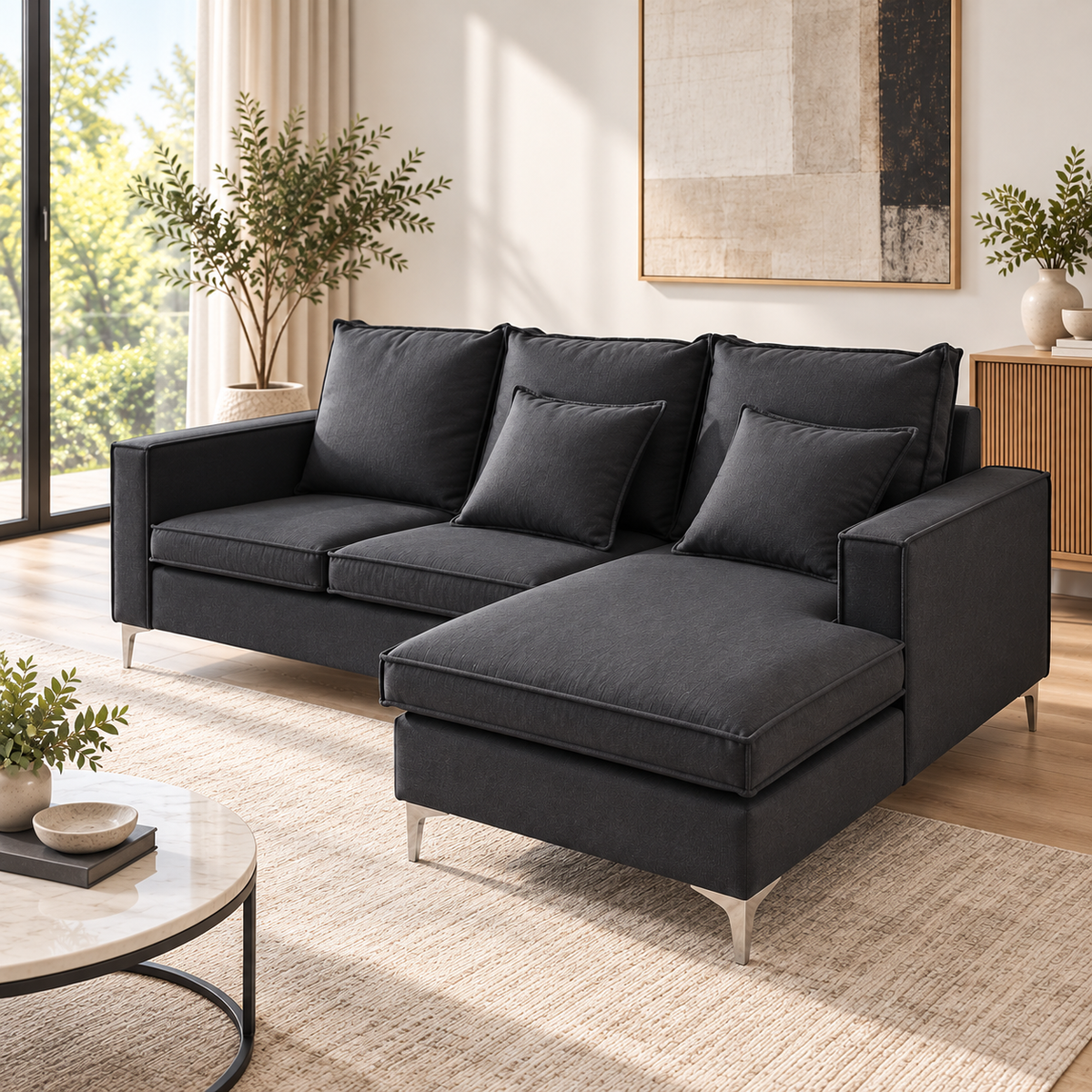 CLASS dark sofa with L-shaped chaise in a styled living room
