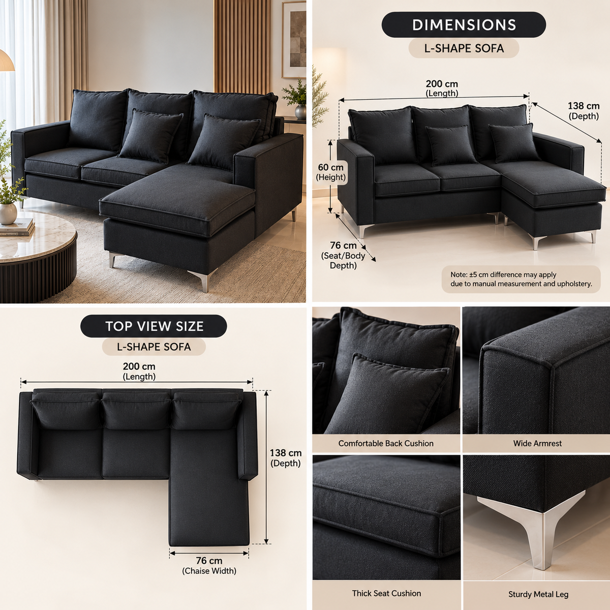CLASS sofa dimensions, top view and cushion and leg details