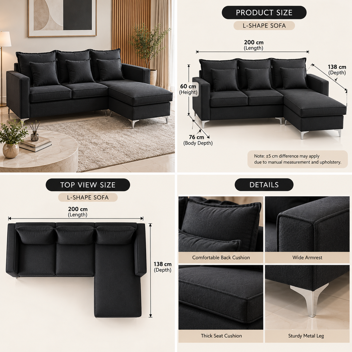 CLASS L-shape sofa room view with size guide and upholstery details