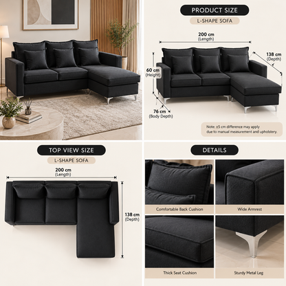 CLASS L-shape sofa room view with size guide and upholstery details