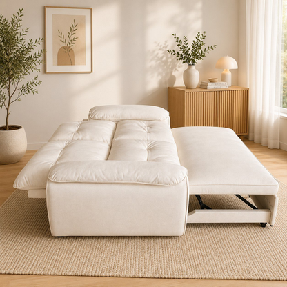 Luna 2 seater sofa bed folded into a compact chaise-style bed