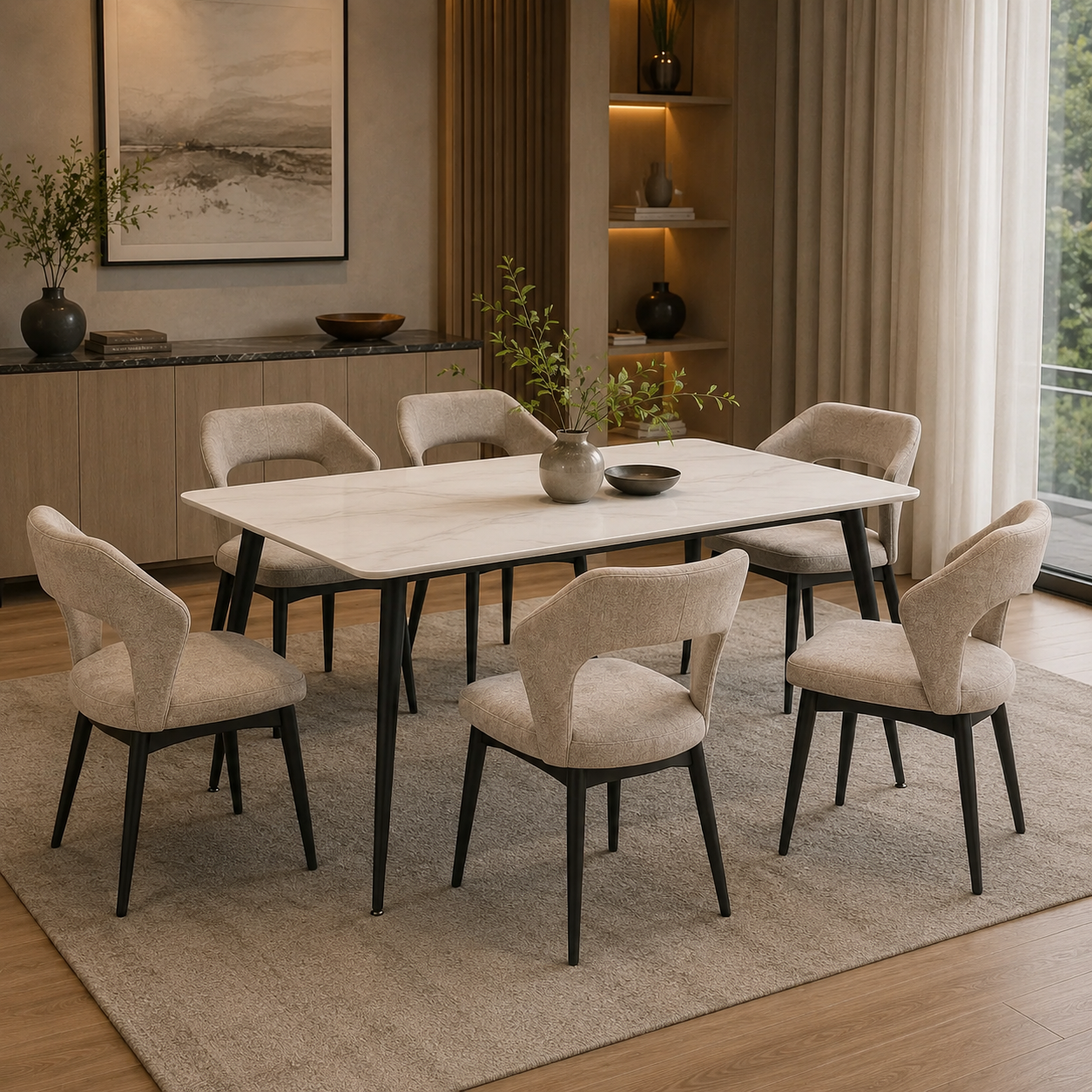 Nova Dining Set with six upholstered chairs and a ceramic dining table
