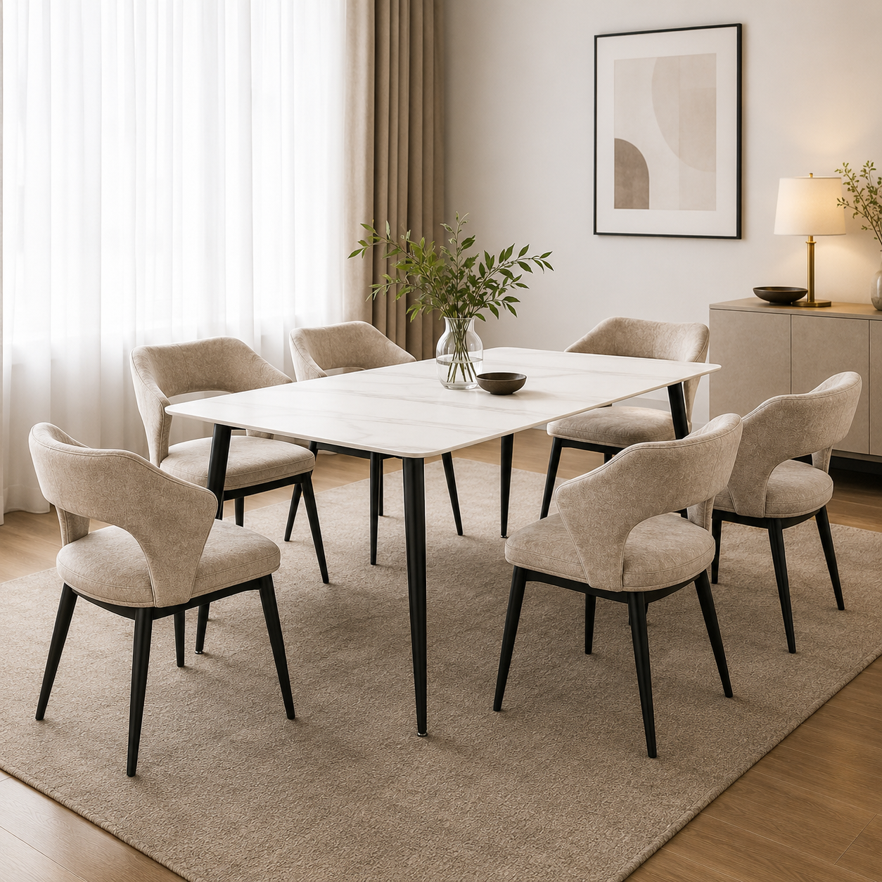 Nova Dining Set with eight upholstered chairs and a ceramic dining table