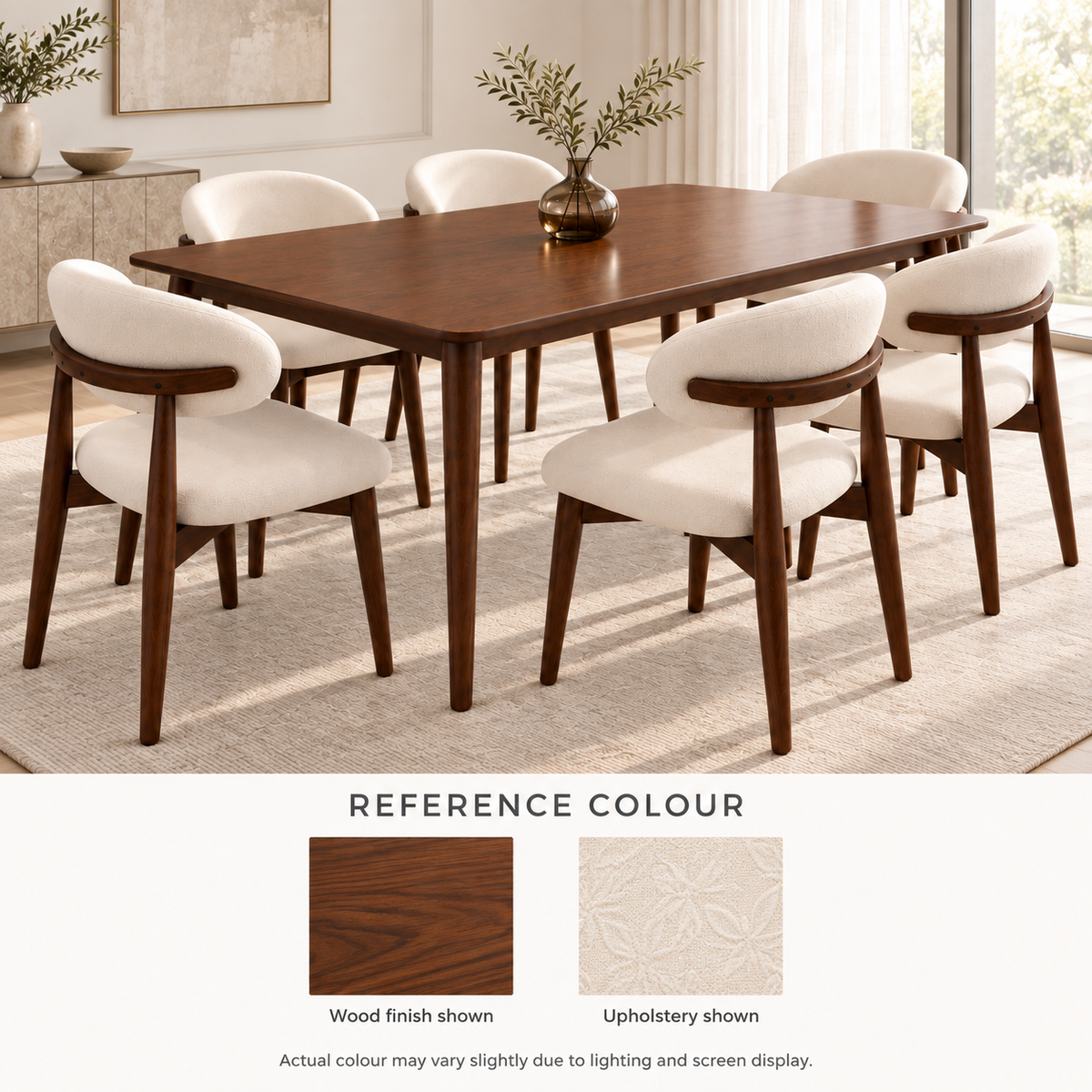 Koda Kayo dining set with reference swatches for the brown wood finish and cream upholstery
