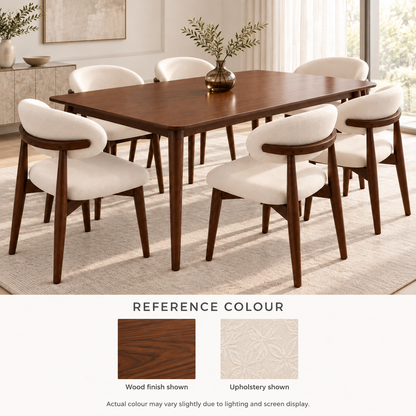 Koda Kayo dining set with reference swatches for the brown wood finish and cream upholstery