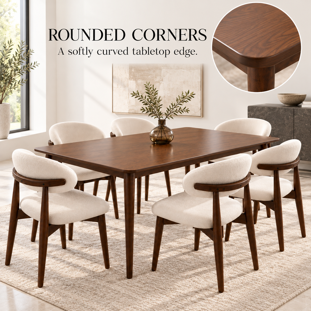 Kayo dining table rounded corner detail shown above the Koda chair dining set