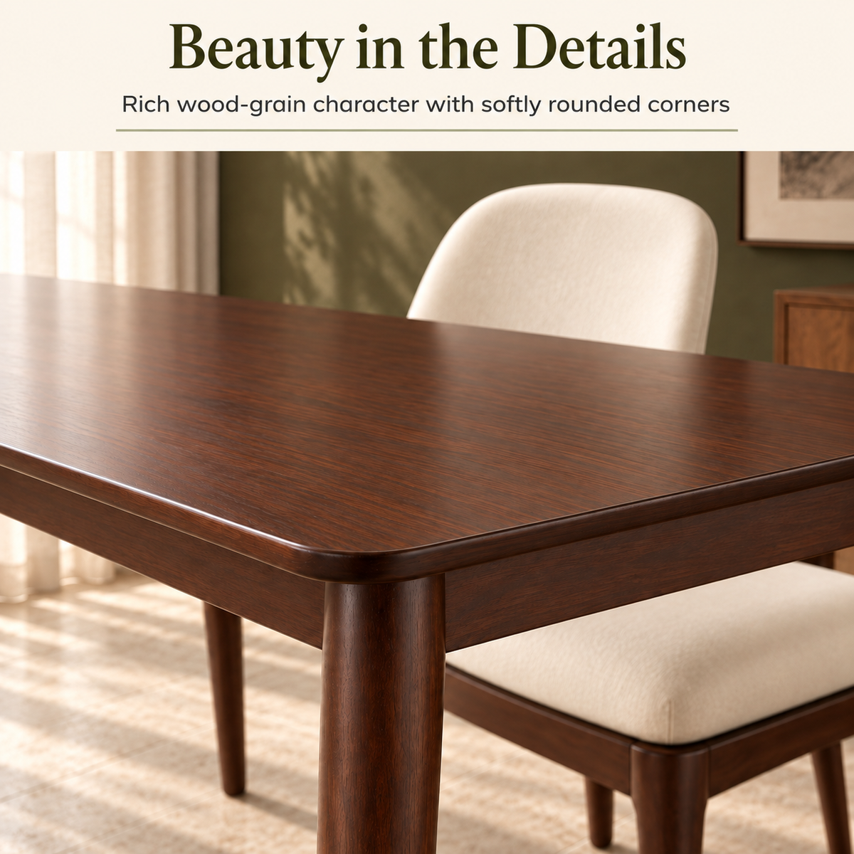 Detail of Kayo tabletop wood-grain appearance and rounded corner