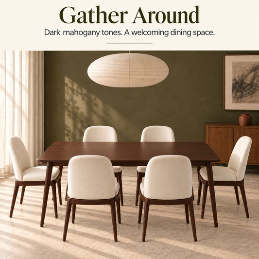 Arden Kayo dining set with six ivory upholstered chairs around a dark brown rectangular table