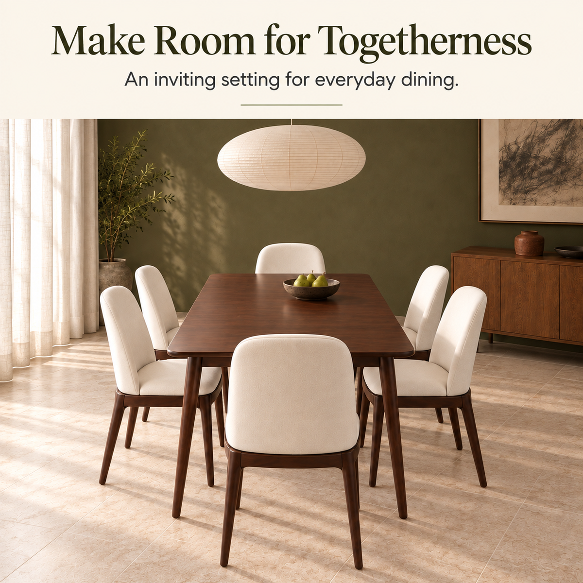End view of the Kayo dining table paired with six Arden chairs