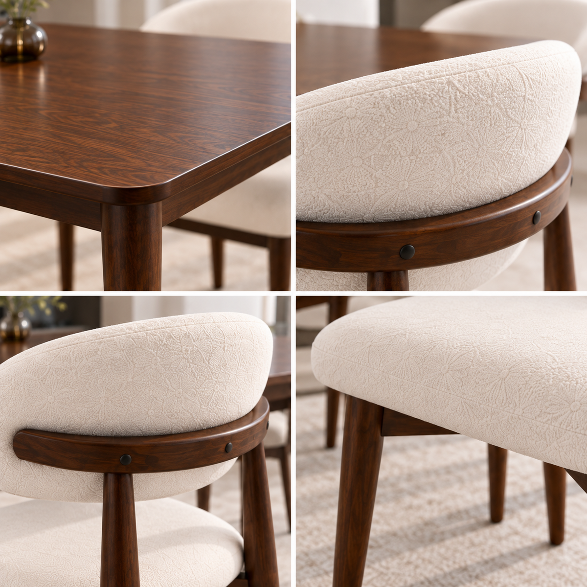Close-up collage of Kayo tabletop edge and Koda chair curved back rail and patterned cream upholstery