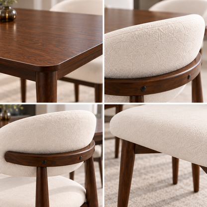 Close-up collage of Kayo tabletop edge and Koda chair curved back rail and patterned cream upholstery