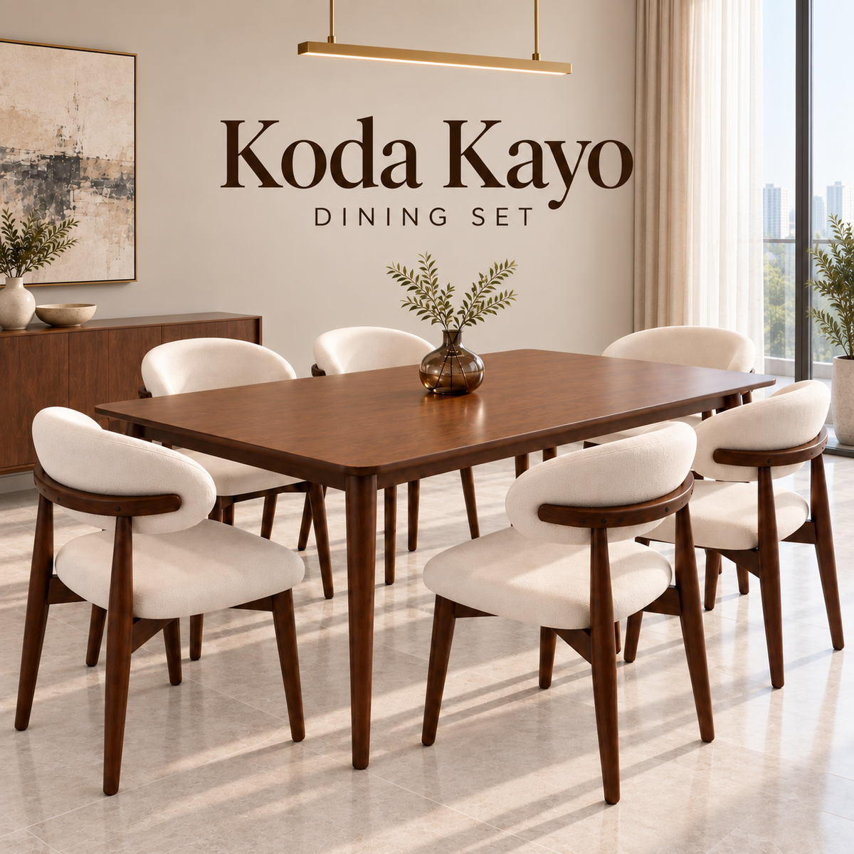 Koda Kayo dining set with six cream upholstered curved-back chairs and a brown rectangular table
