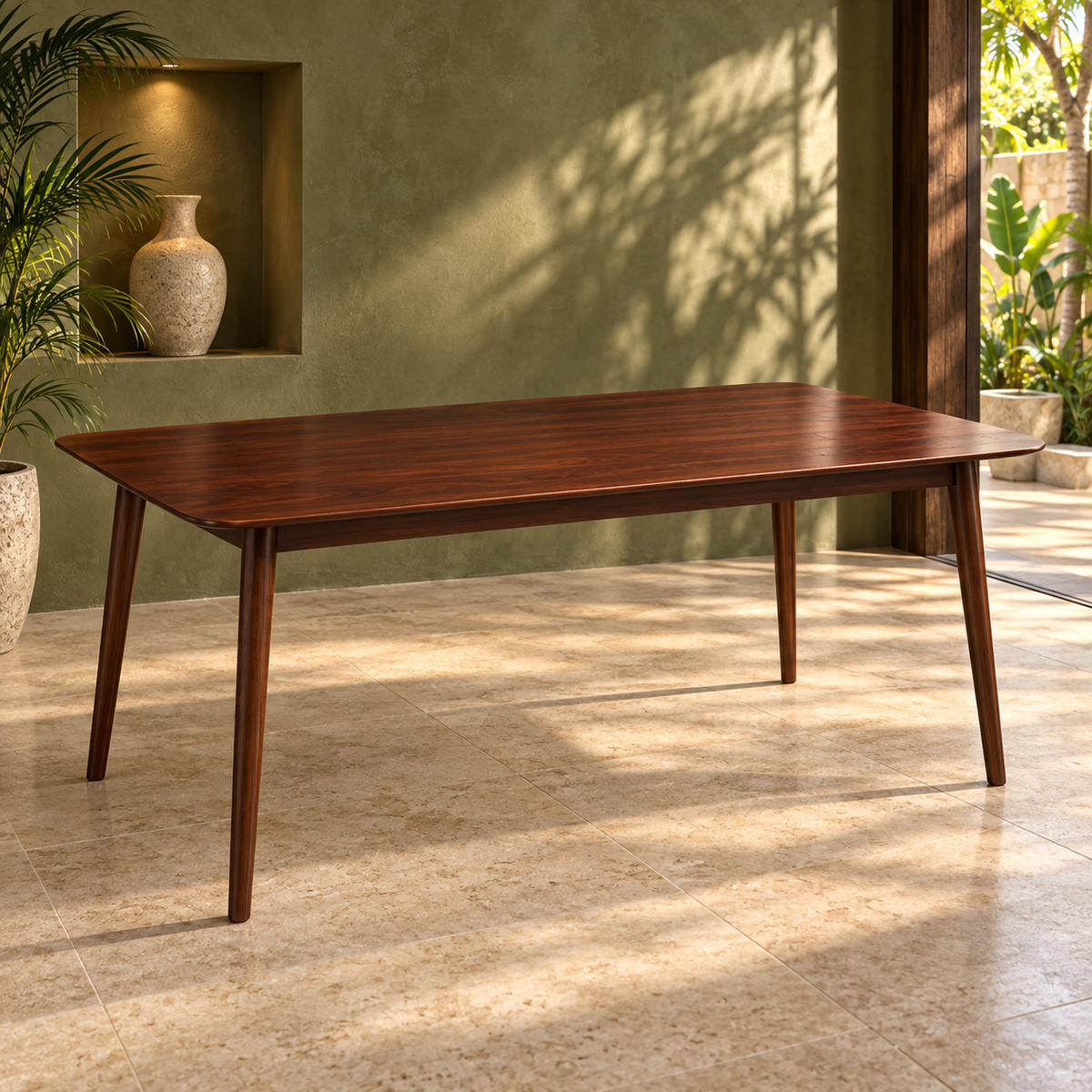 Kayo wooden dining table with rounded corners and tapered legs in a sunlit room