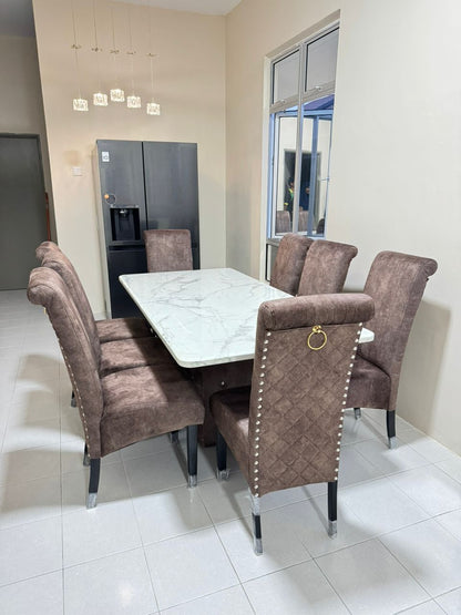 Classic Shell Dining Set | Premium Marble Top & Chesterfield Tufted Pedestal Table