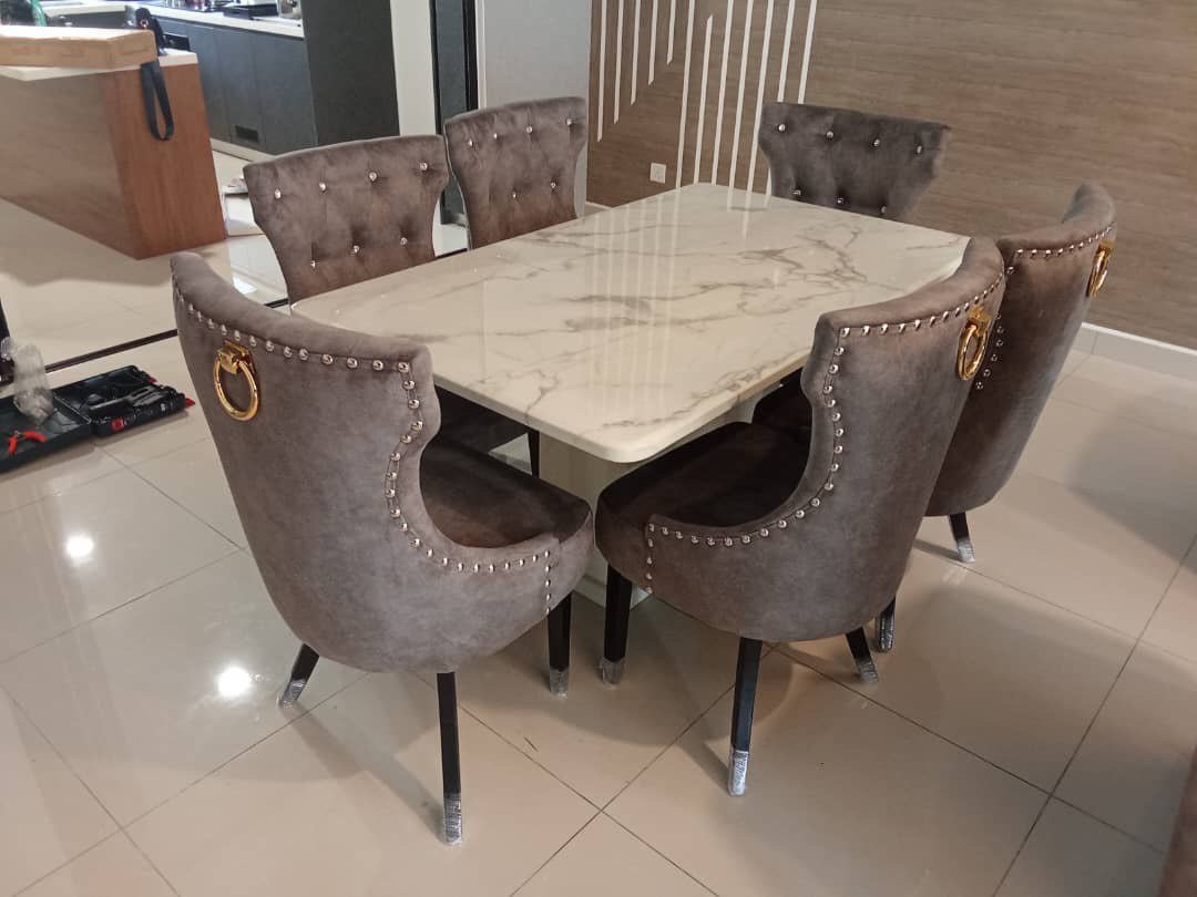 Elegant Butterfly Marble Dining Set with Luxurious Velvet Chairs - Gaya Home