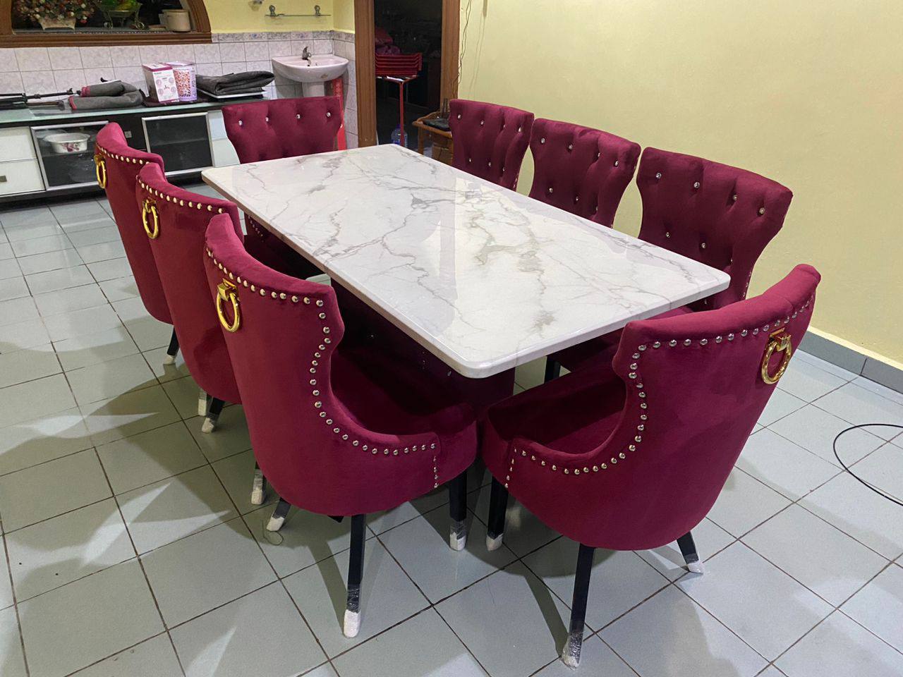 Elegant Butterfly Marble Dining Set with Luxurious Velvet Chairs - Gaya Home