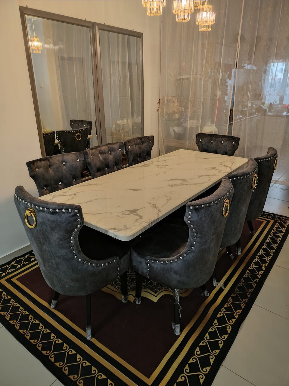 Elegant Butterfly Marble Dining Set with Luxurious Velvet Chairs - Gaya Home