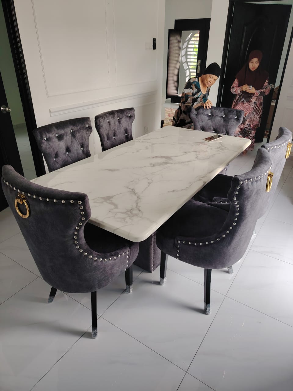 Elegant Butterfly Marble Dining Set with Luxurious Velvet Chairs - Gaya Home