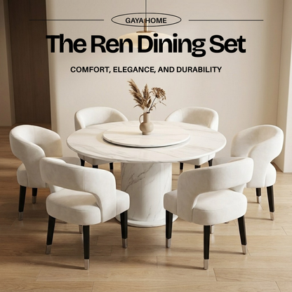 The Ren Dining Set | Designer Round Marble Table & Sculptural Cut-Out Chairs