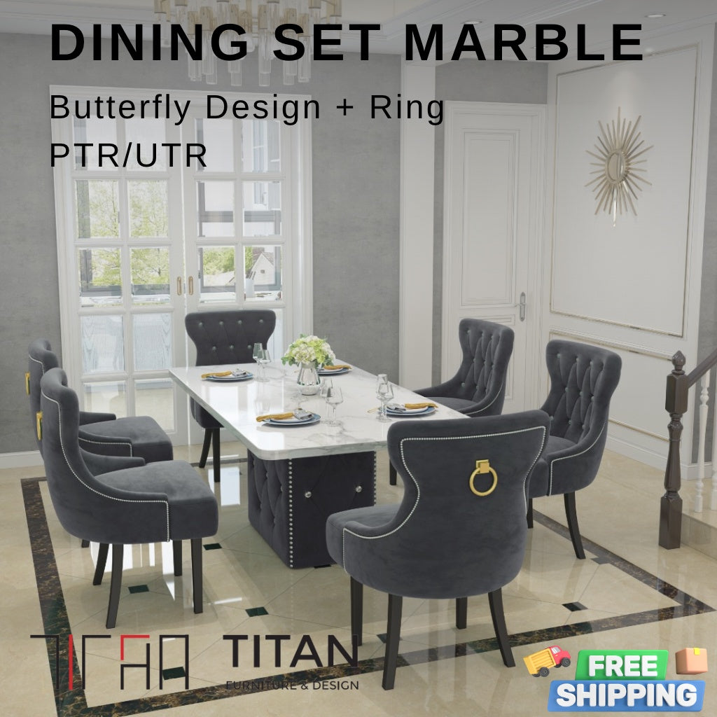 Elegant Butterfly Marble Dining Set with Luxurious Velvet Chairs