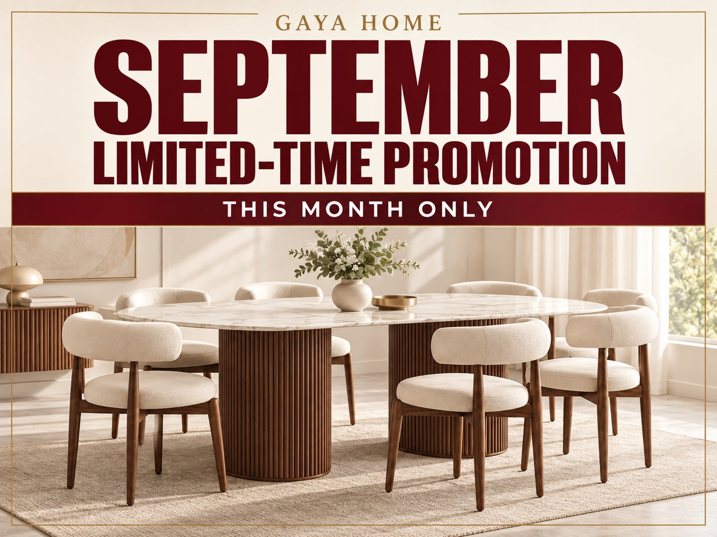 September Promotion — cream upholstered dining chairs and a fluted pedestal table