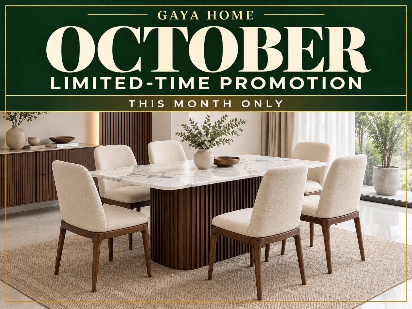 October Promotion — Arden dining set with cream upholstered chairs and a rectangular marble table